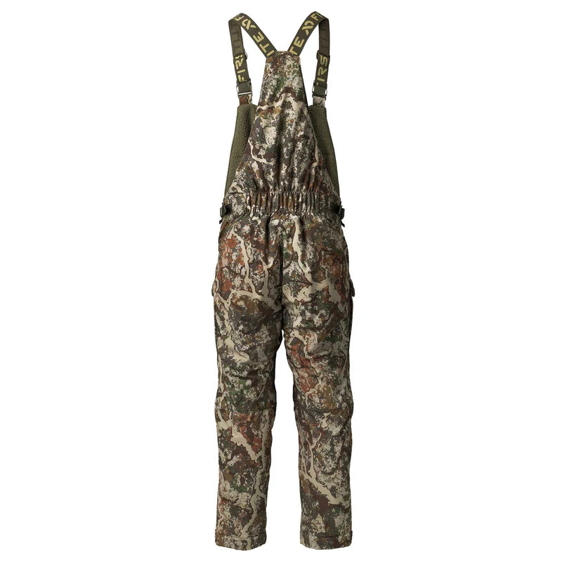 Camouflage bib overalls on a white background