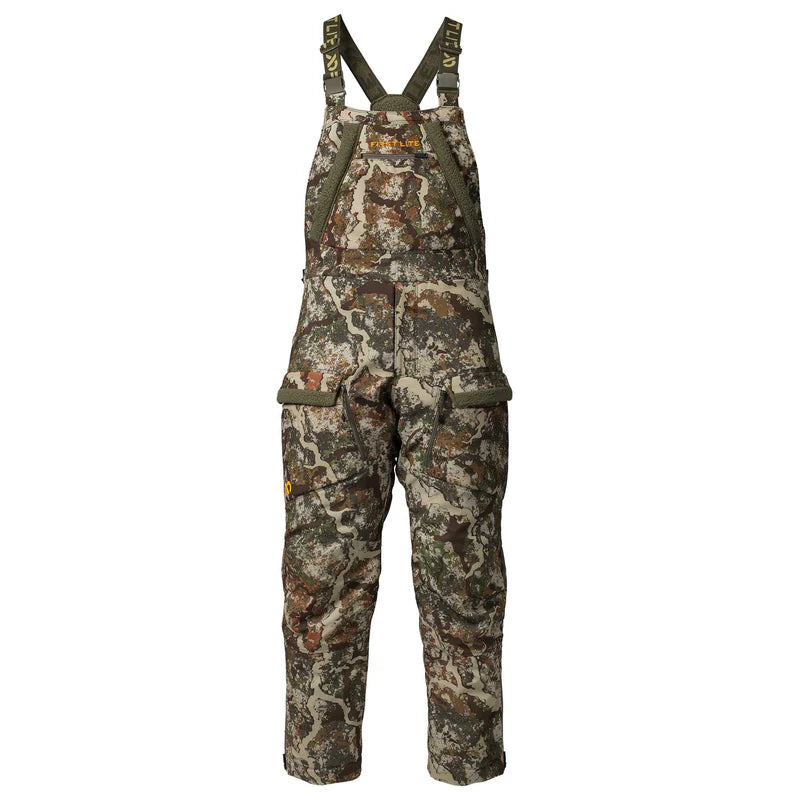 Camouflage hunting bib overalls on a white background