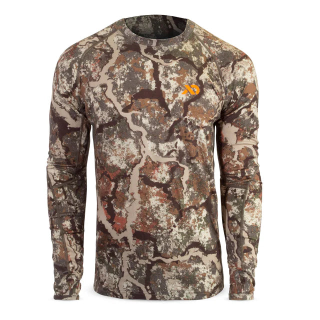 Camouflage long-sleeve shirt with a logo on a white background