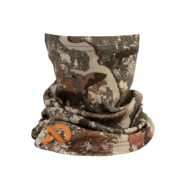 Camouflage neck gaiter with an orange logo on a white background