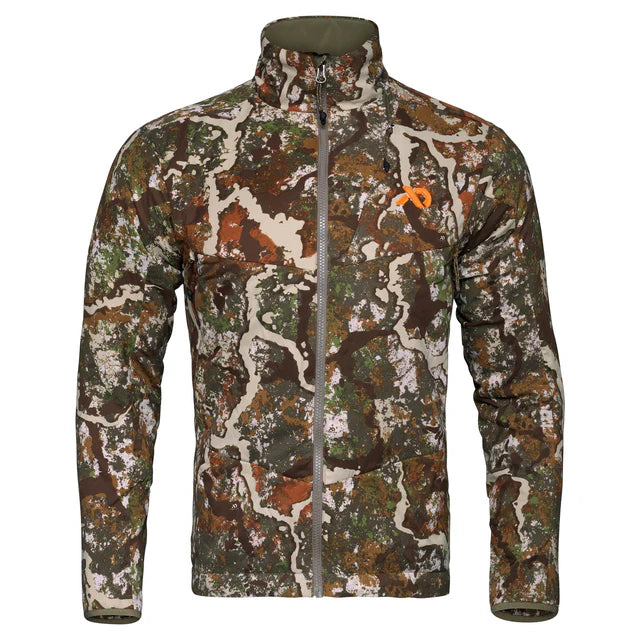 Camouflage jacket with a visible brand logo on a white background