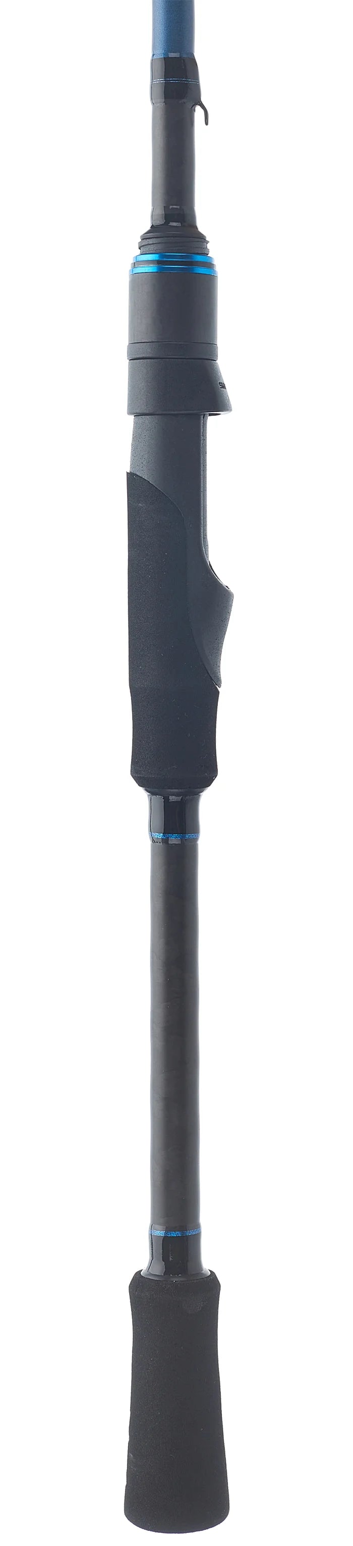 Fishing rod with black and blue design on a white background