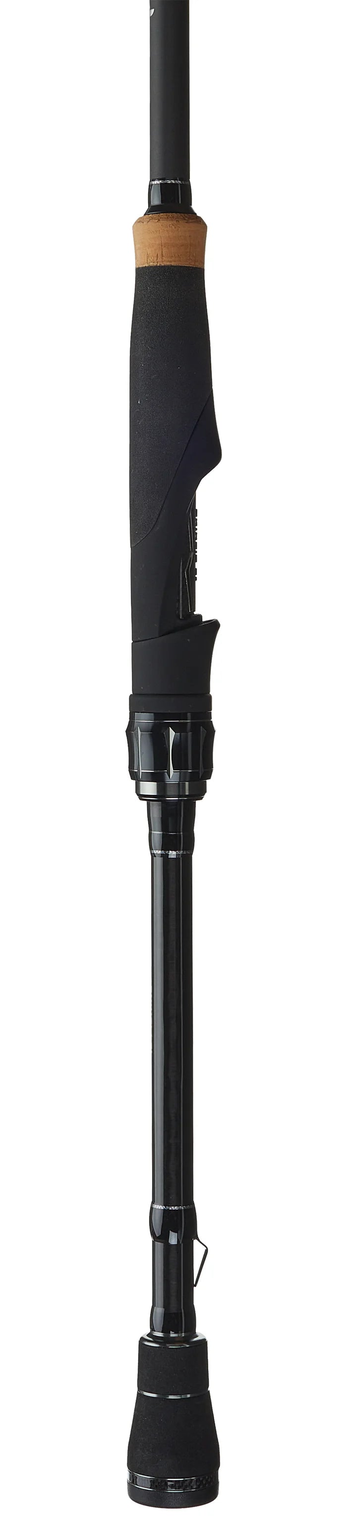 Fishing rod with black and brown handle on a white background