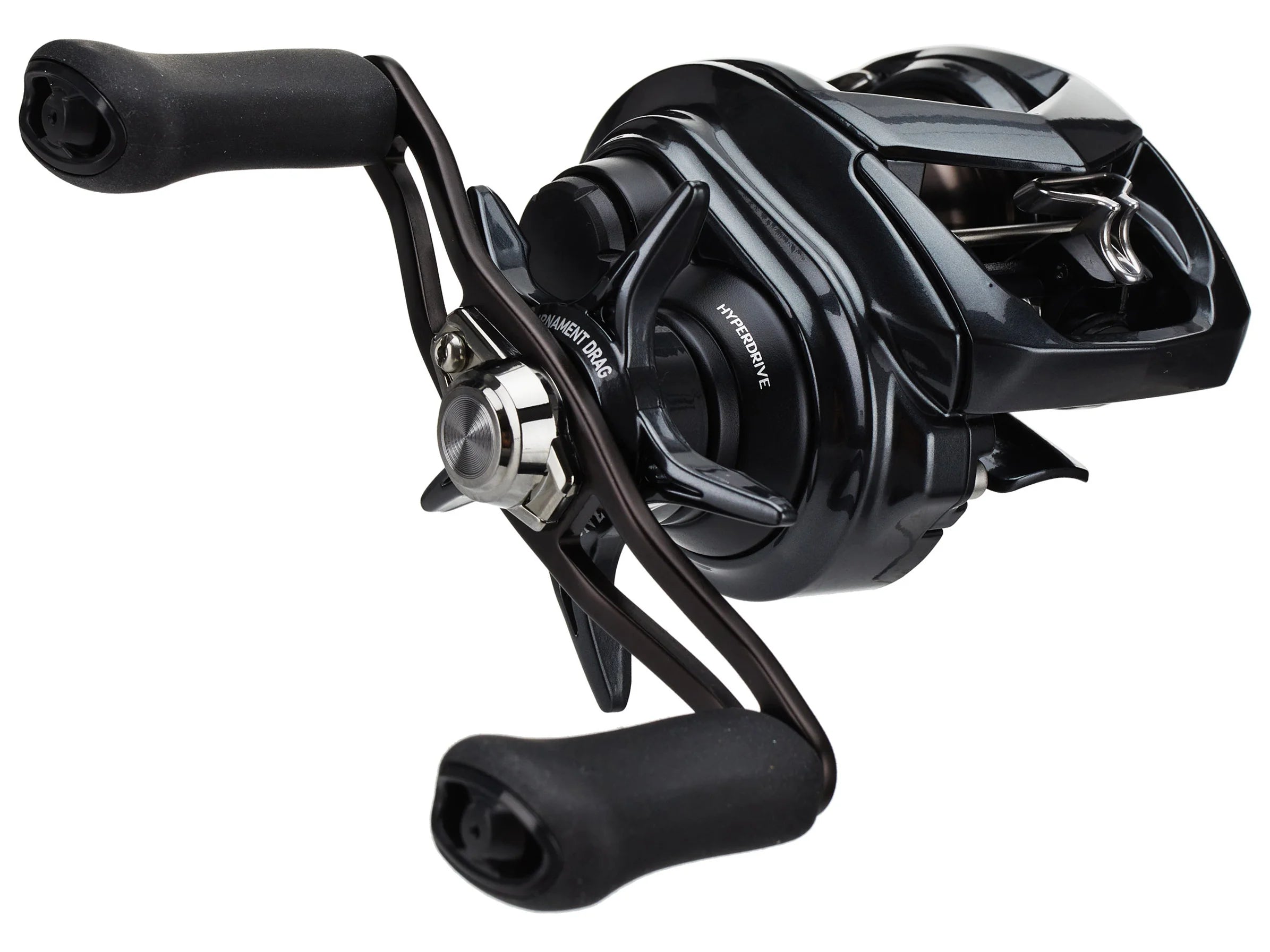 Black fishing reel on a white background