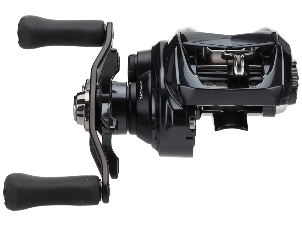 Black fishing reel on a white background