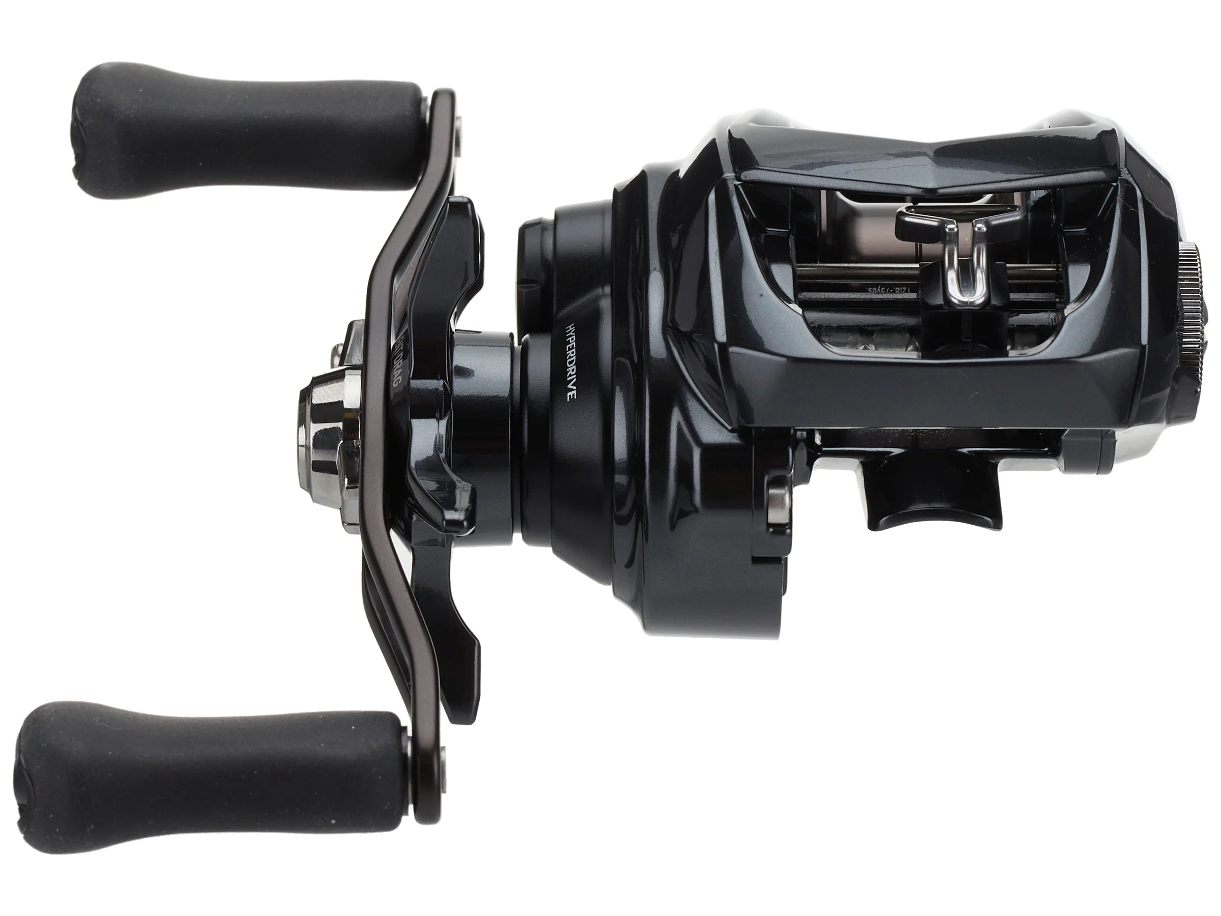 Black fishing reel on a white background