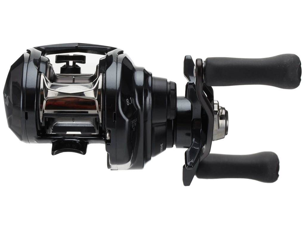 Black fishing reel with dual handles on a white background