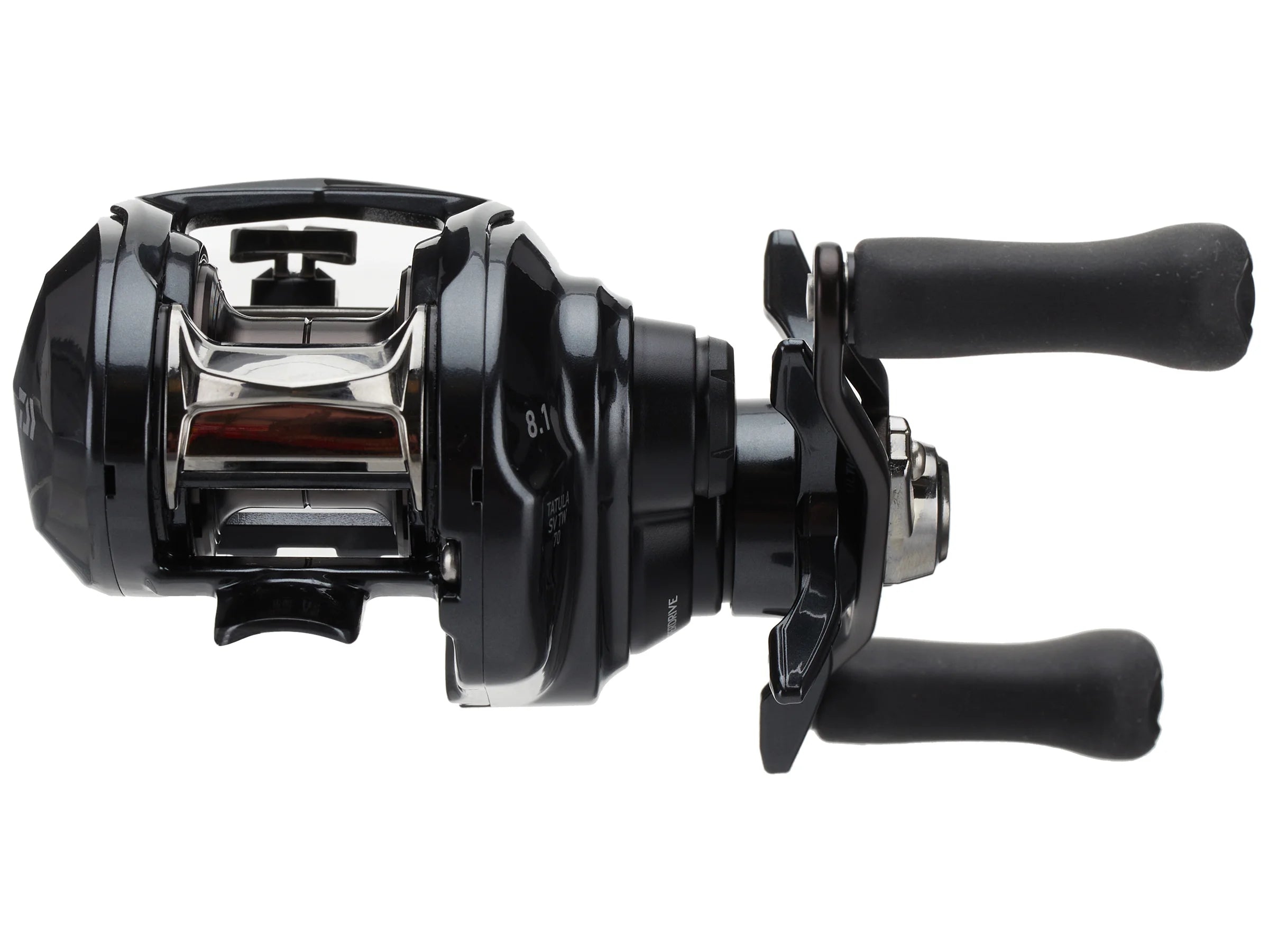 Black fishing reel with dual handles on a white background