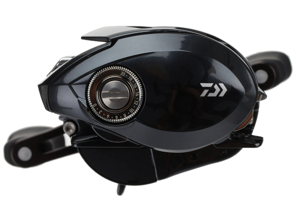 Black fishing reel with Daiwa logo on a white background