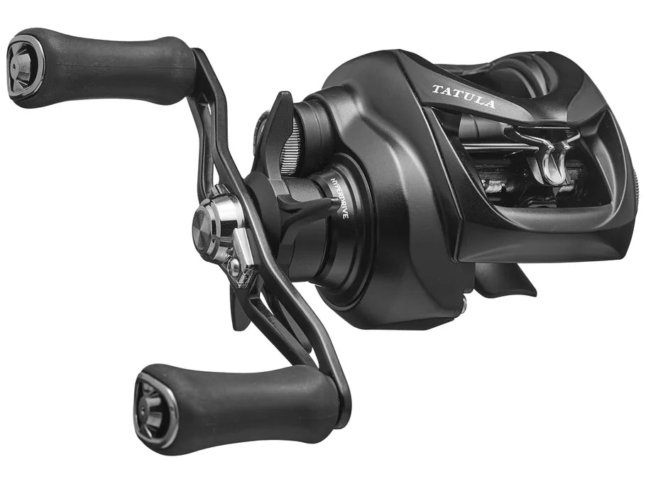 Fishing reel with 'Tatula' branding on a white background