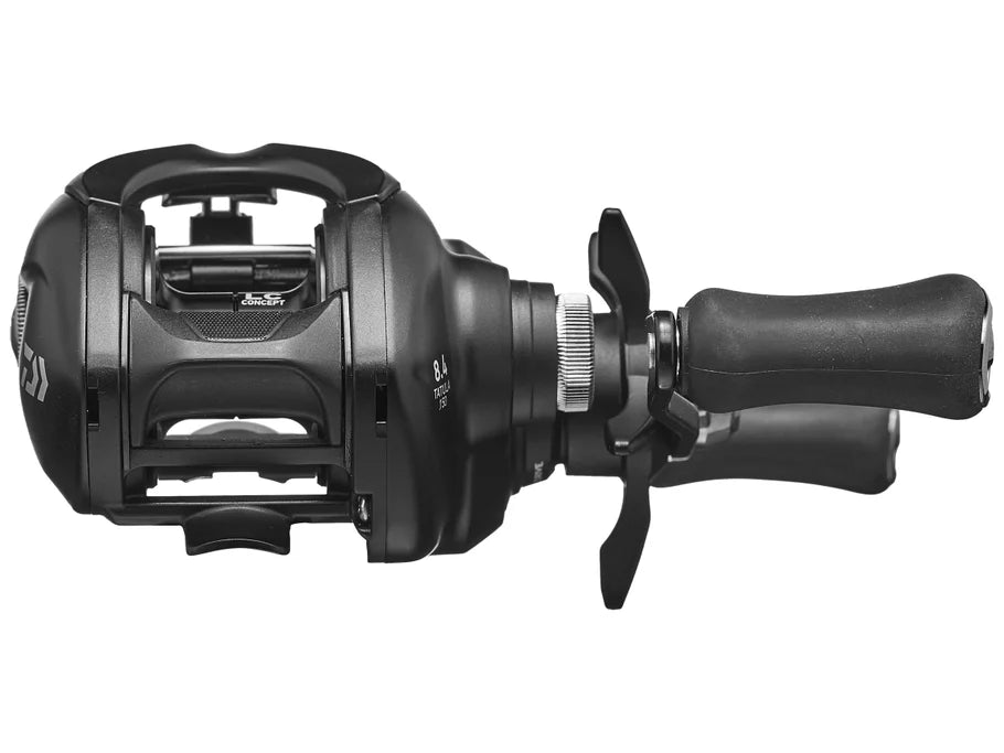 Black fishing reel on a white background