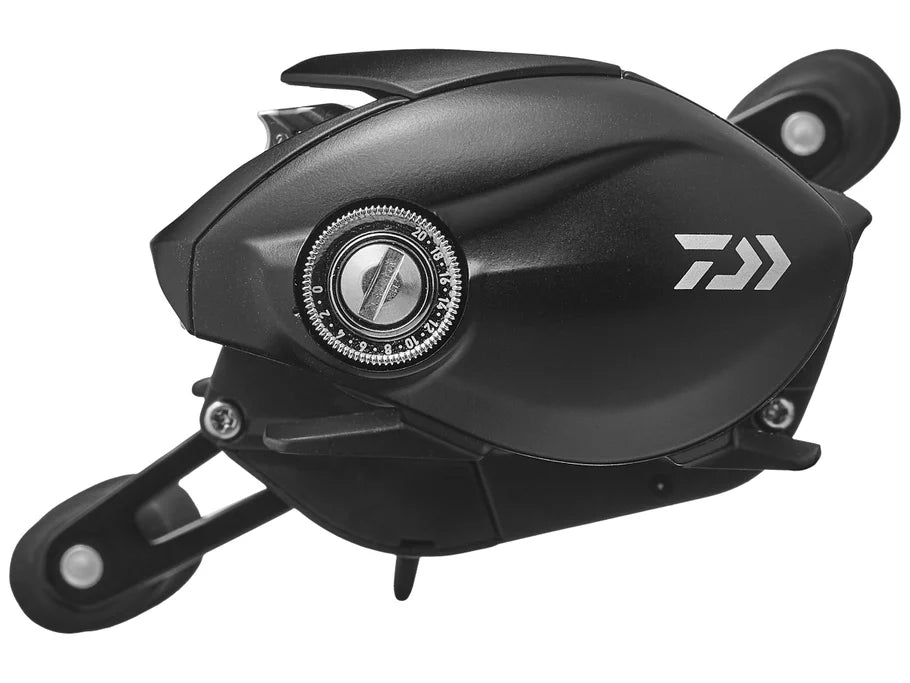 Black fishing reel with visible brand logo on a white background