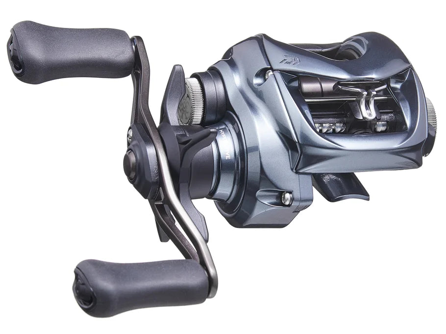 Fishing reel with metallic finish on a white background