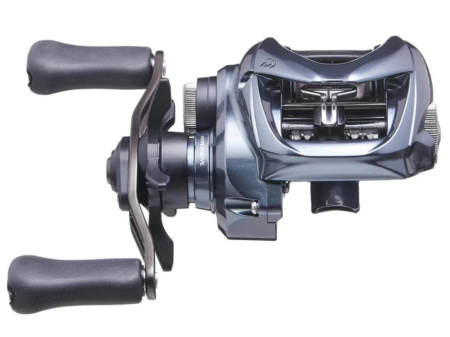 Fishing reel with metallic finish on a white background