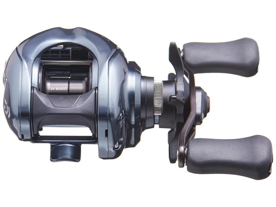 Fishing reel with metallic finish on a white background