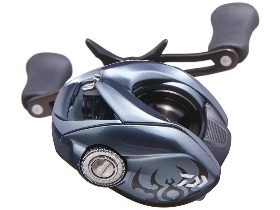 Blue fishing reel with black handles on a white background