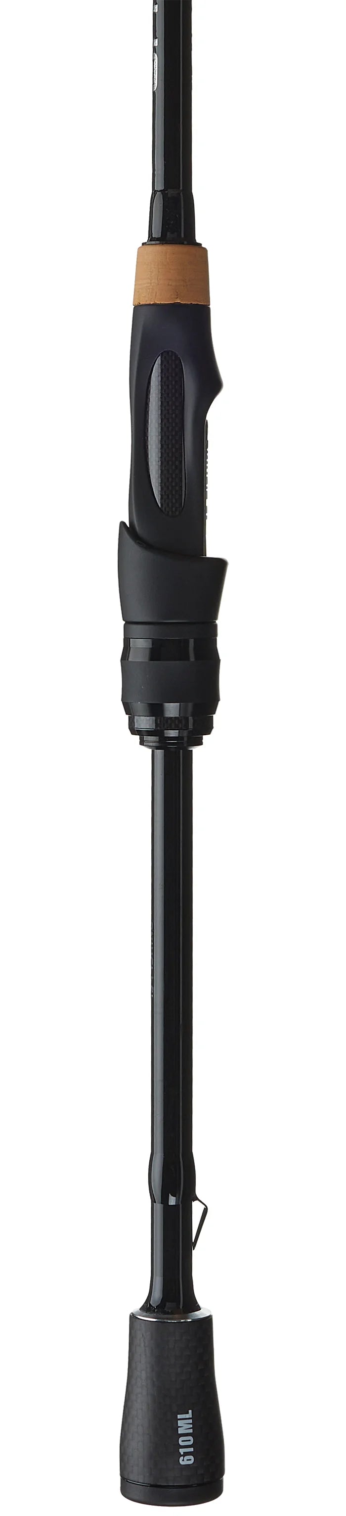 Fishing rod with black and brown handle on a white background
