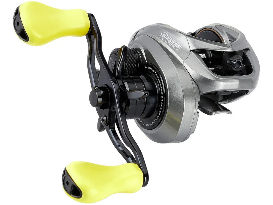 Fishing reel with yellow handles on a white background