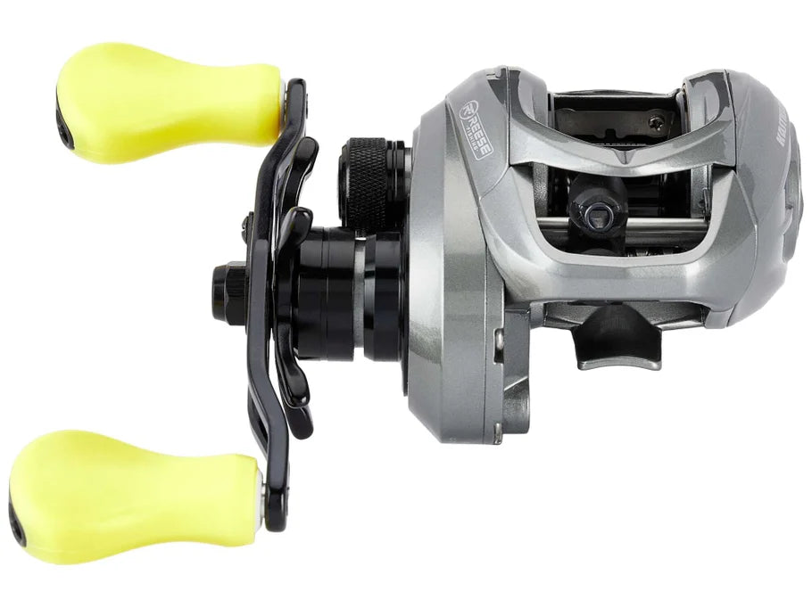 Fishing reel with yellow handles on a white background