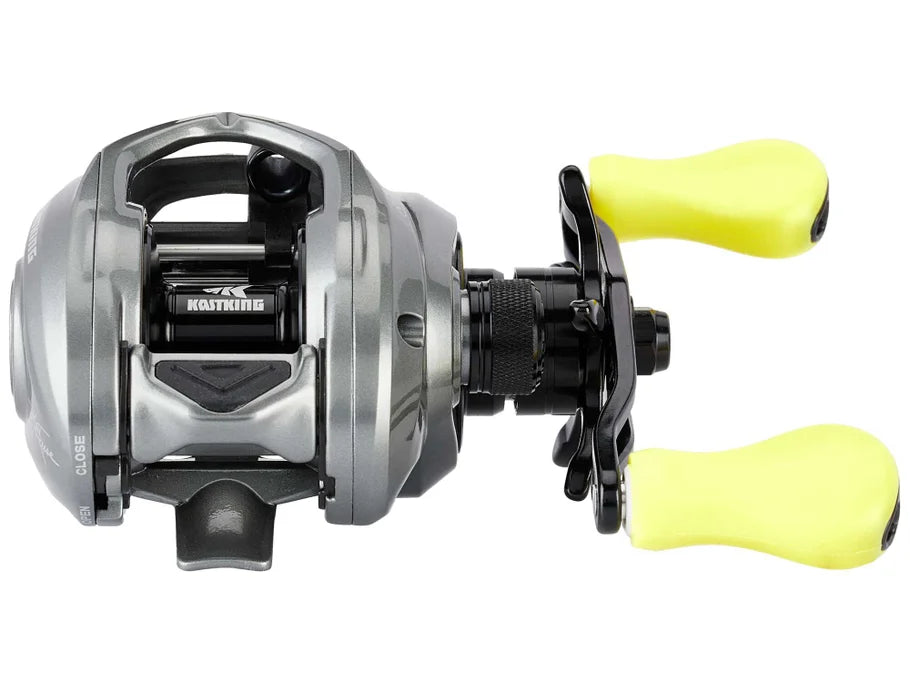 Fishing reel with yellow handles on a white background