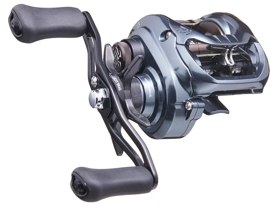 Fishing reel with metallic finish on a white background
