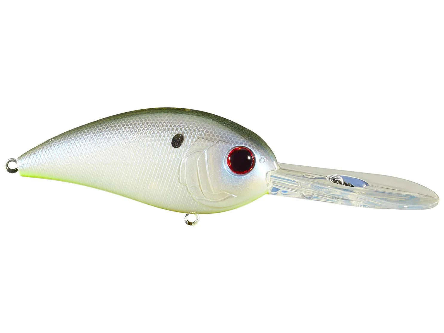 white fishing lure with green top and chartreuse bottom on a white background