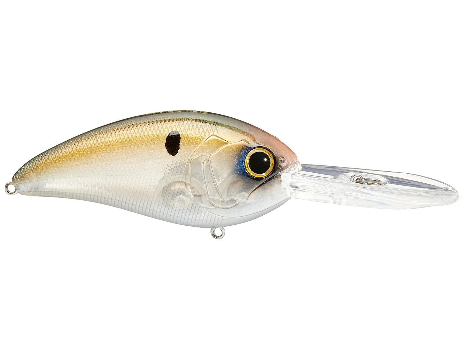 Fishing lure with a white and gold body on a white background
