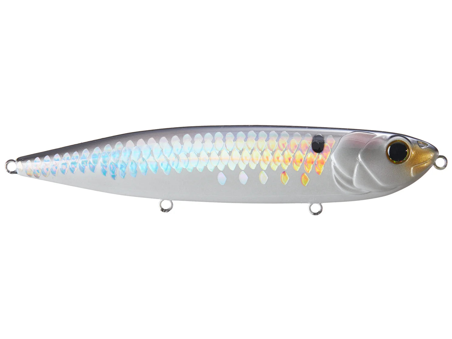 white fishing lure with sparkle scales on a white background