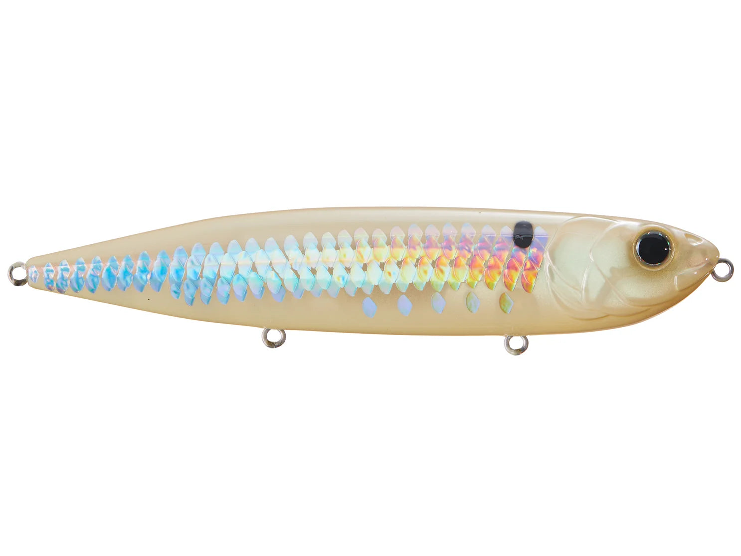 bone color fishing lure with sparkle scales on a white background