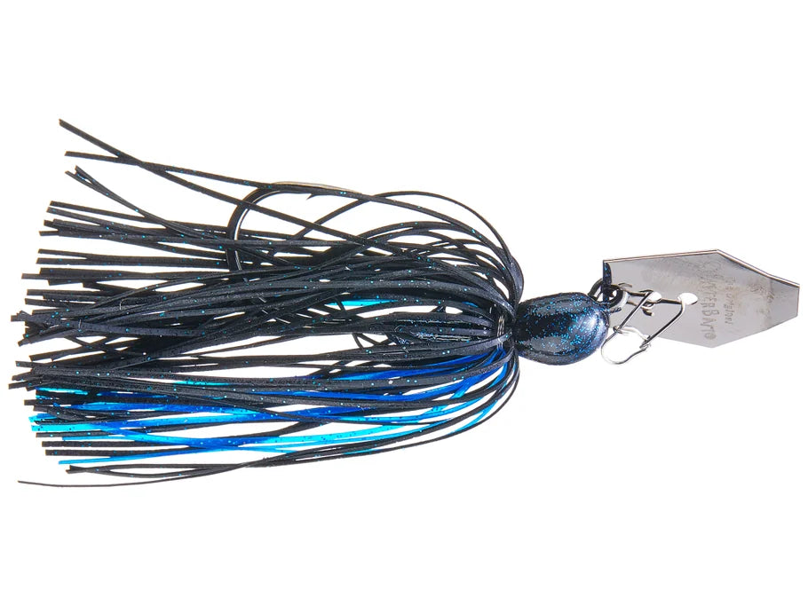 Fishing lure with black and blue skirt on a white background