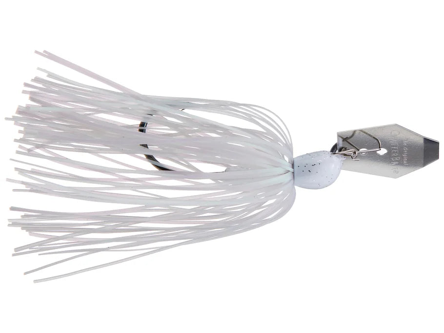 Fishing lure with white skirt and metallic body on a white background