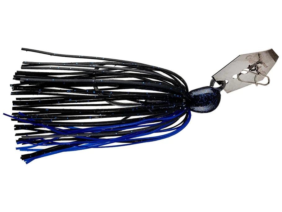 Black and blue fishing lure with a clasp on a white background
