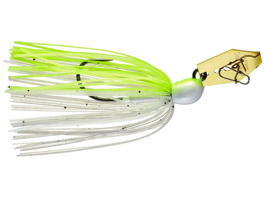 Fishing lure with green and white body and gold treble hook on a white background