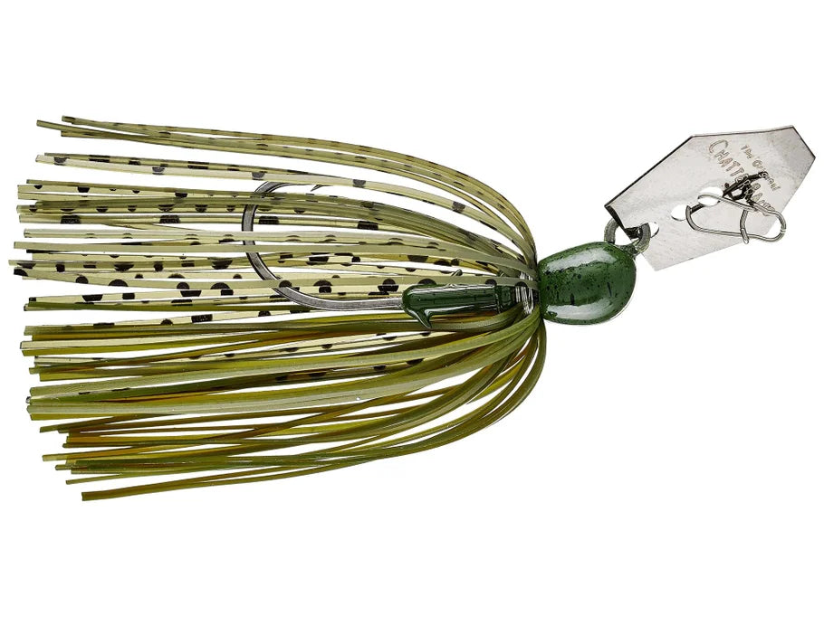 Fishing lure with green and black details on a white background
