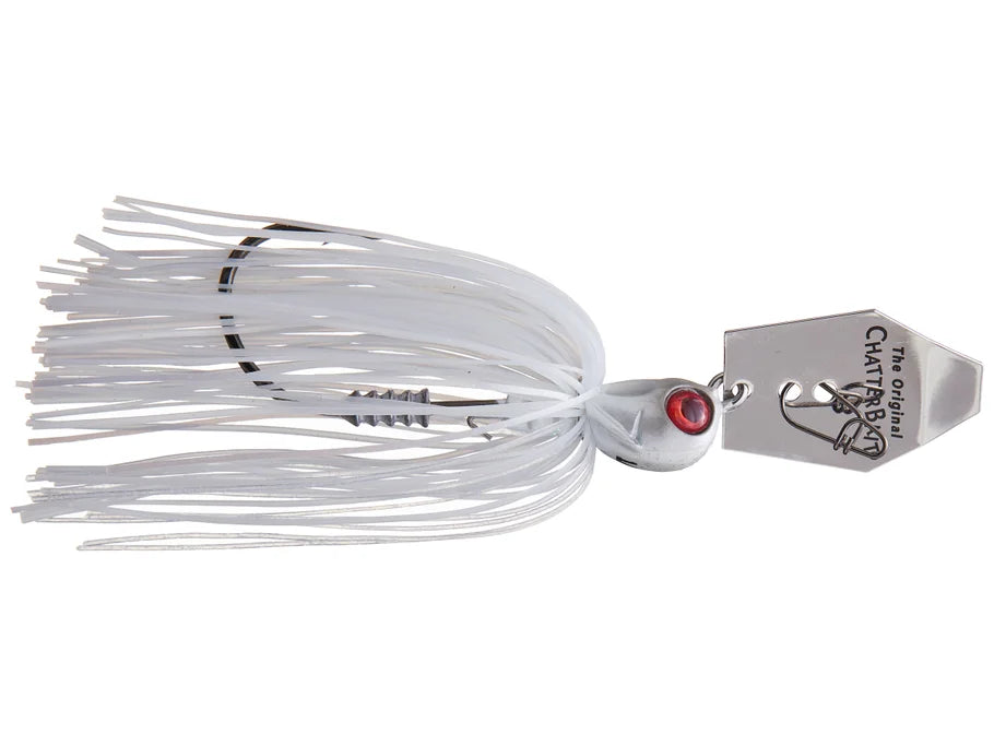 White fishing lure with red eye and ' chatterbait' branding on a white background