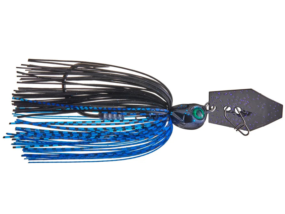 Fishing lure with blue and black details on a white background