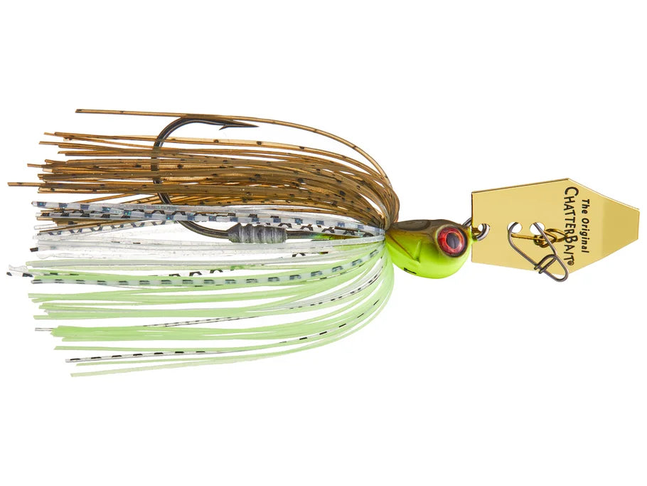 Fishing lure with a gold treble hook on a white background