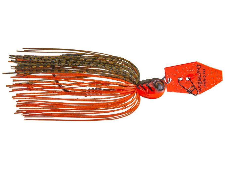 Fishing lure with orange and brown details on a white background