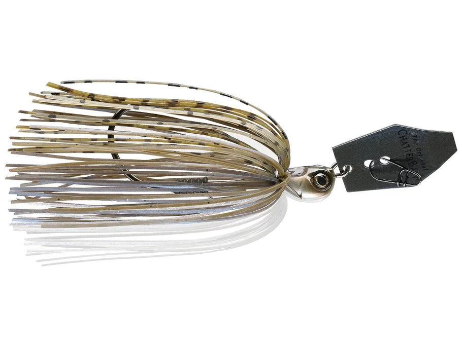 Fishing lure with metal body and spinner blades on a white background