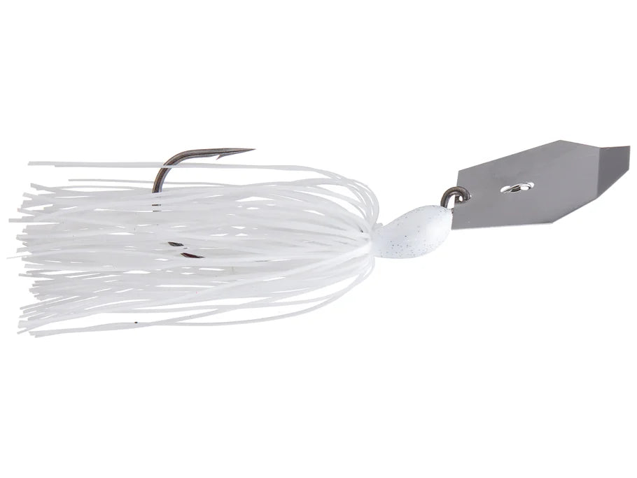 Fishing lure with white skirt and metal blade on a white background