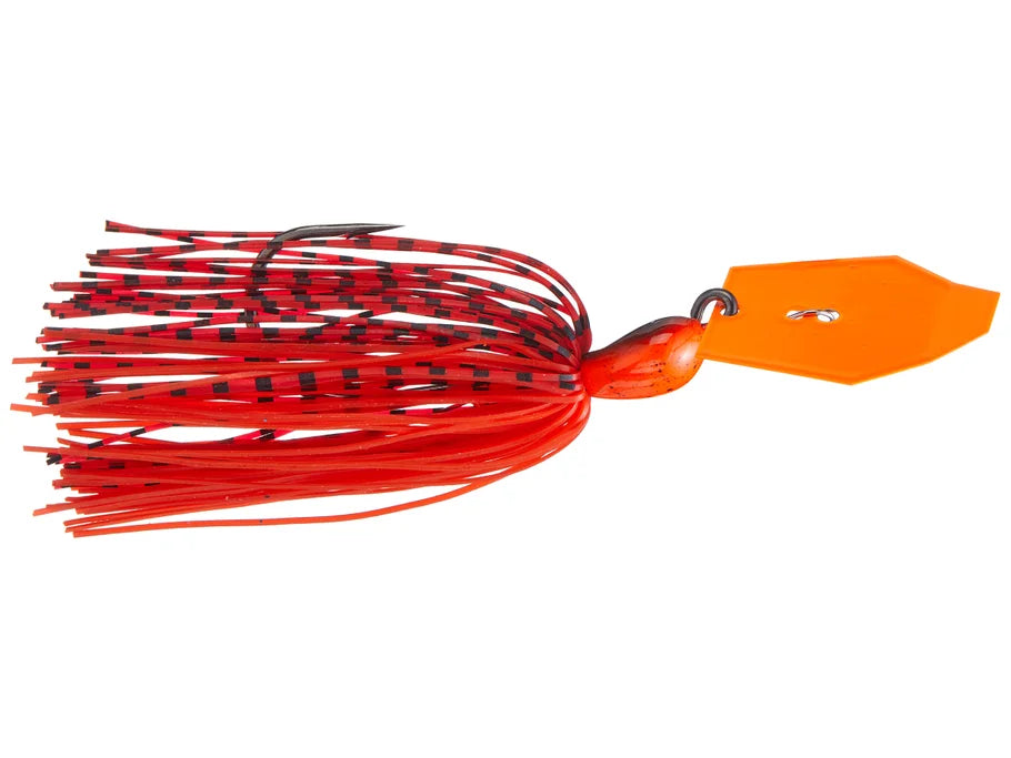 Red and black fishing lure with an orange blade on a white background