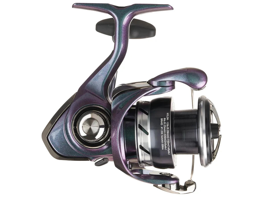 Fishing reel with metallic purple and silver finish on a white background