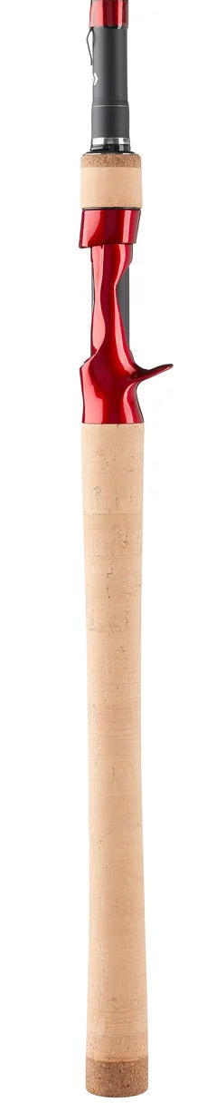 Fishing rod with red and black handle on a white background