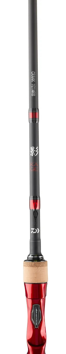 Fishing rod with red and black design on a white background