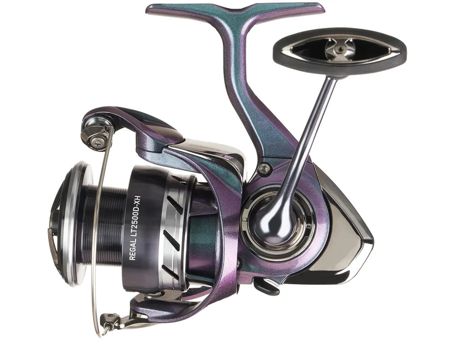 Fishing reel with metallic finish on a white background