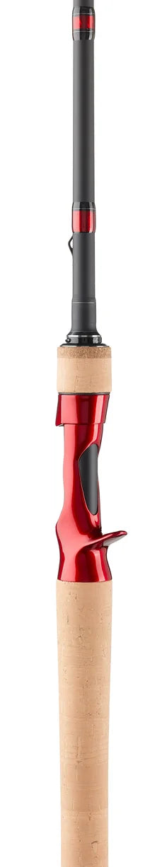 Fishing rod with red and black handle and wooden grip