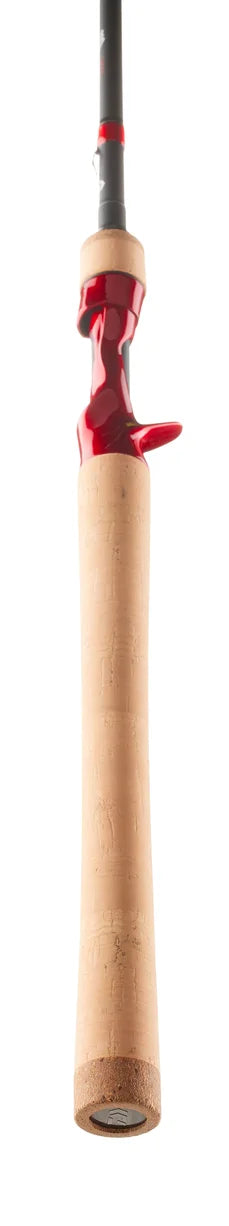 Fishing rod with wooden handle and red accents