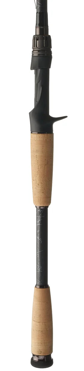 Fishing rod with wooden handle and black grip on a white background