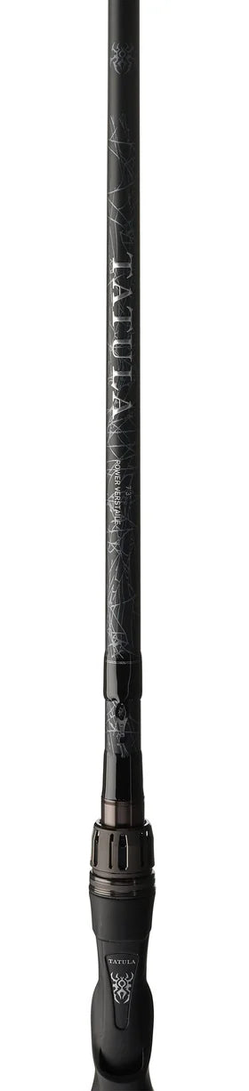 Black fishing rod with visible brand name on a white background
