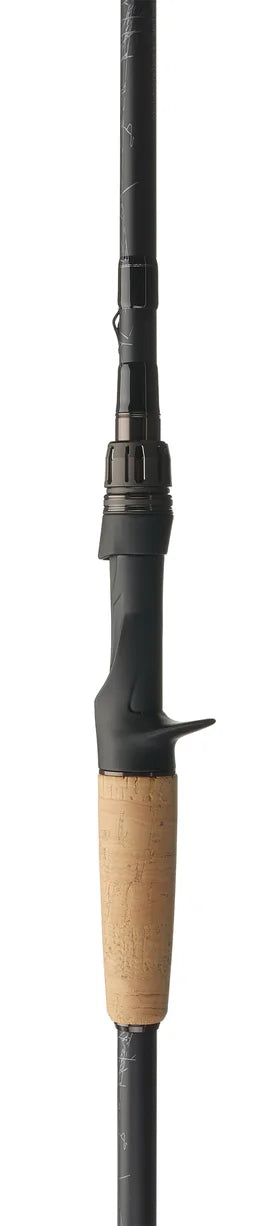 Fishing rod with a black and brown handle on a white background